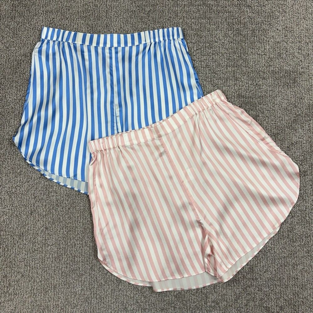 Petite Plume Silk Sleep Shorts Womens Large Blue Pink Stripe Pajama Lounge Lot 2